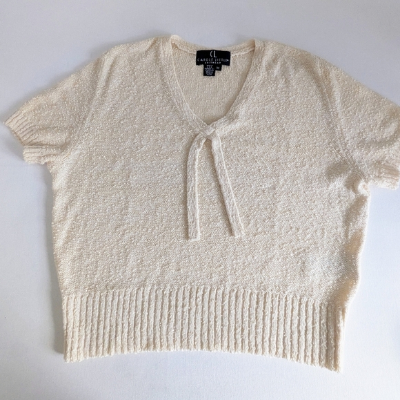 Vintage Carole Litty Boucle KNIT TOP Short Sleeve Yellow Cream Sz M 90s Feminine - Picture 2 of 12